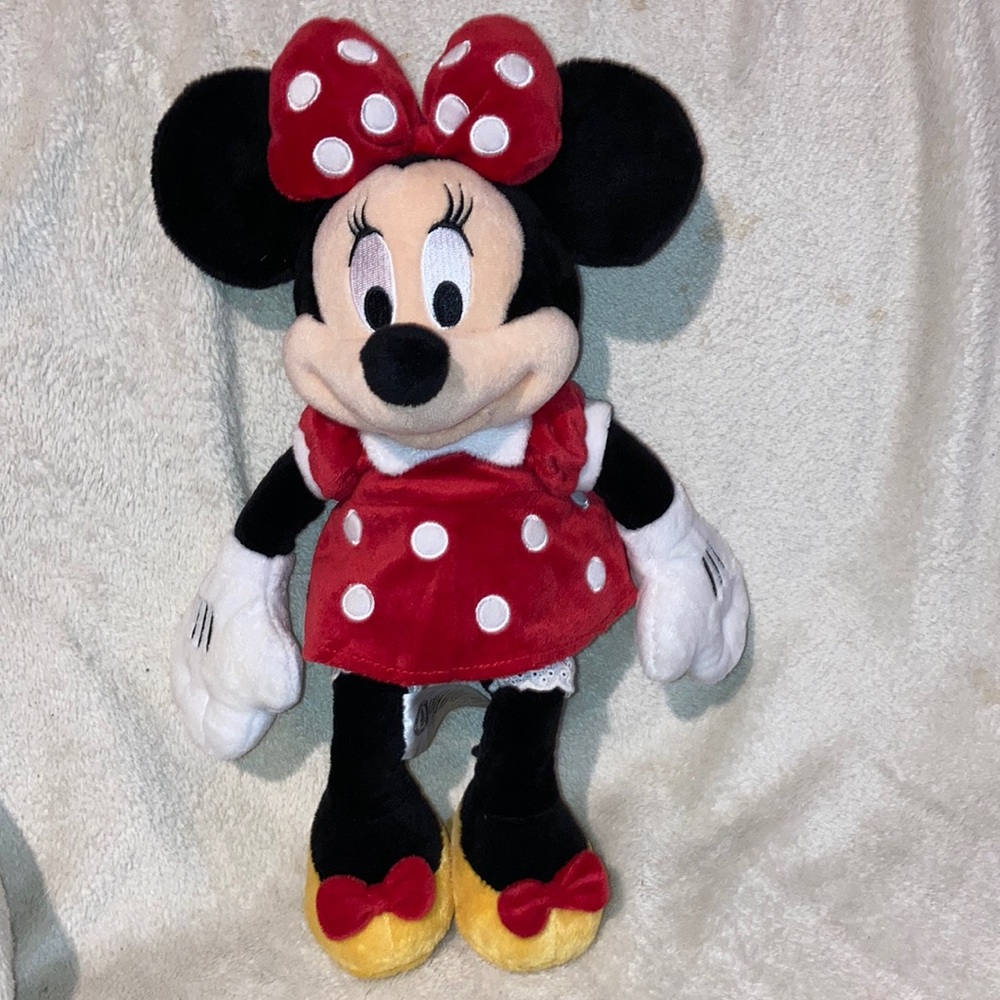 Minnie Mouse Disney Store soft plush 13” red polka dot dress